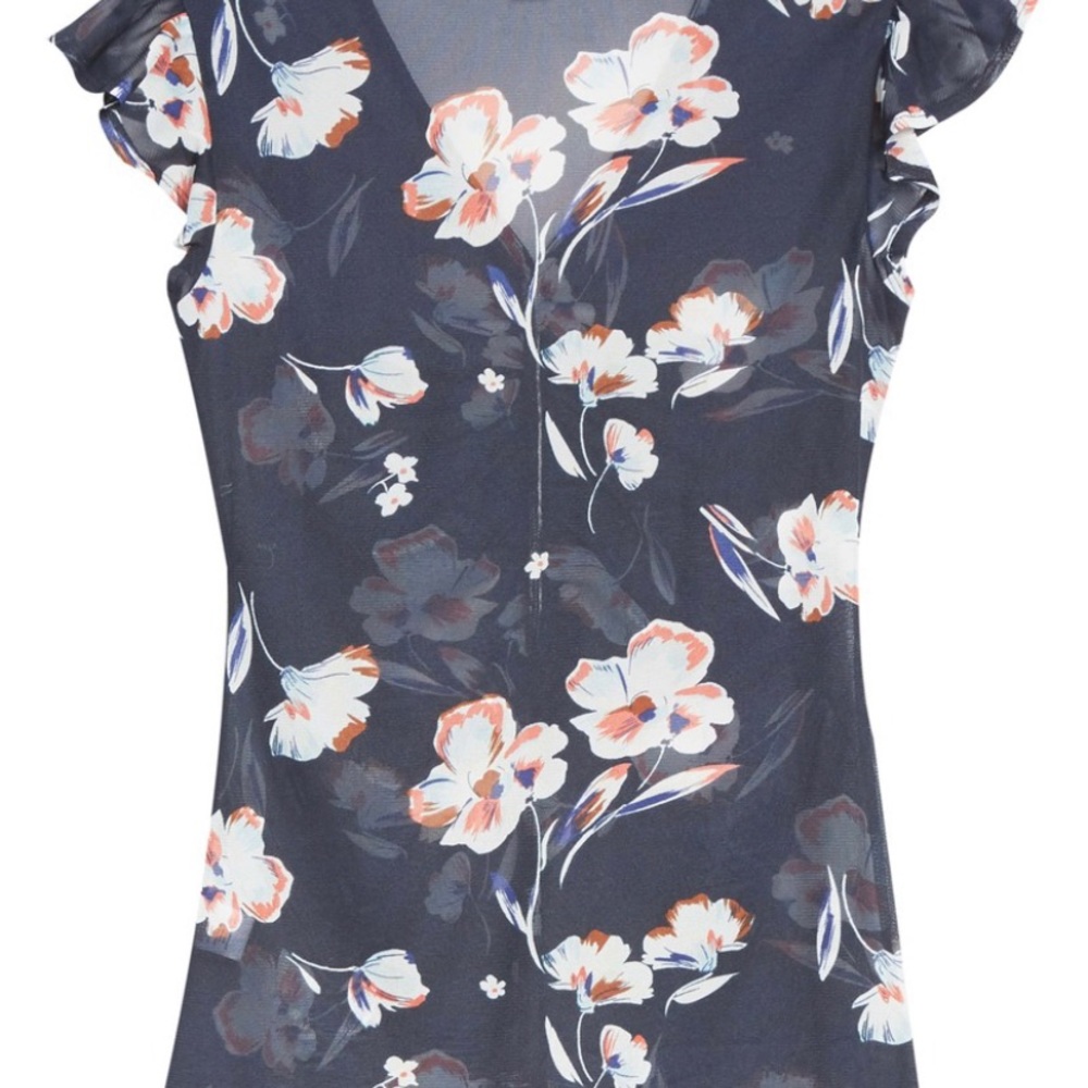 HALOGEN Ruched mesh v-neck top Floral/navy blue